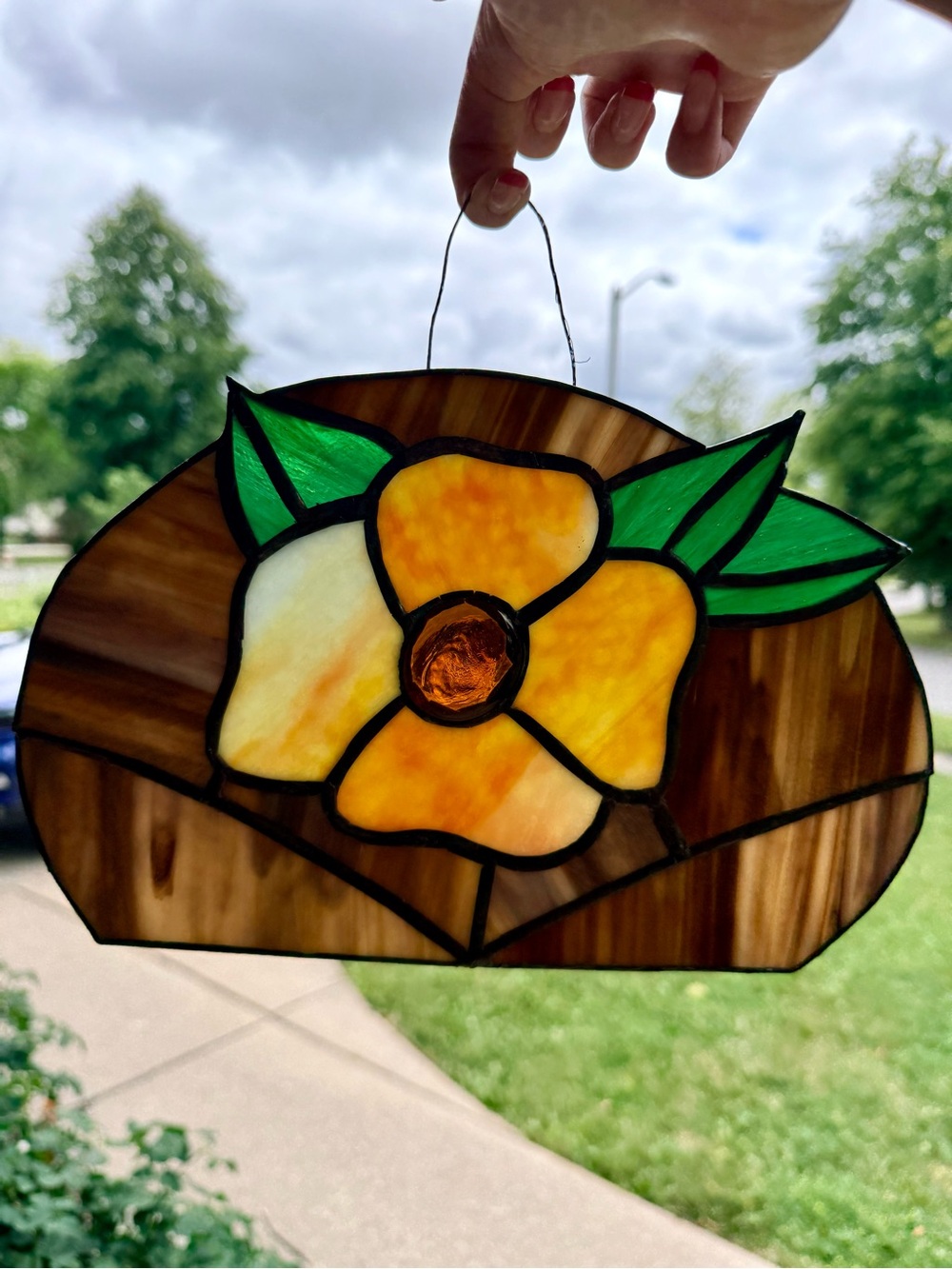 ⚡️SALE⚡️🌼 Vintage Stained Glass Hanging Panel Sun Catcher - Yellow Orange Flower - Picture 4 of 10